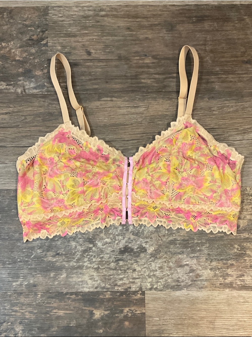 Aerie Pink, Yellow & Beige Floral Lace Bralette